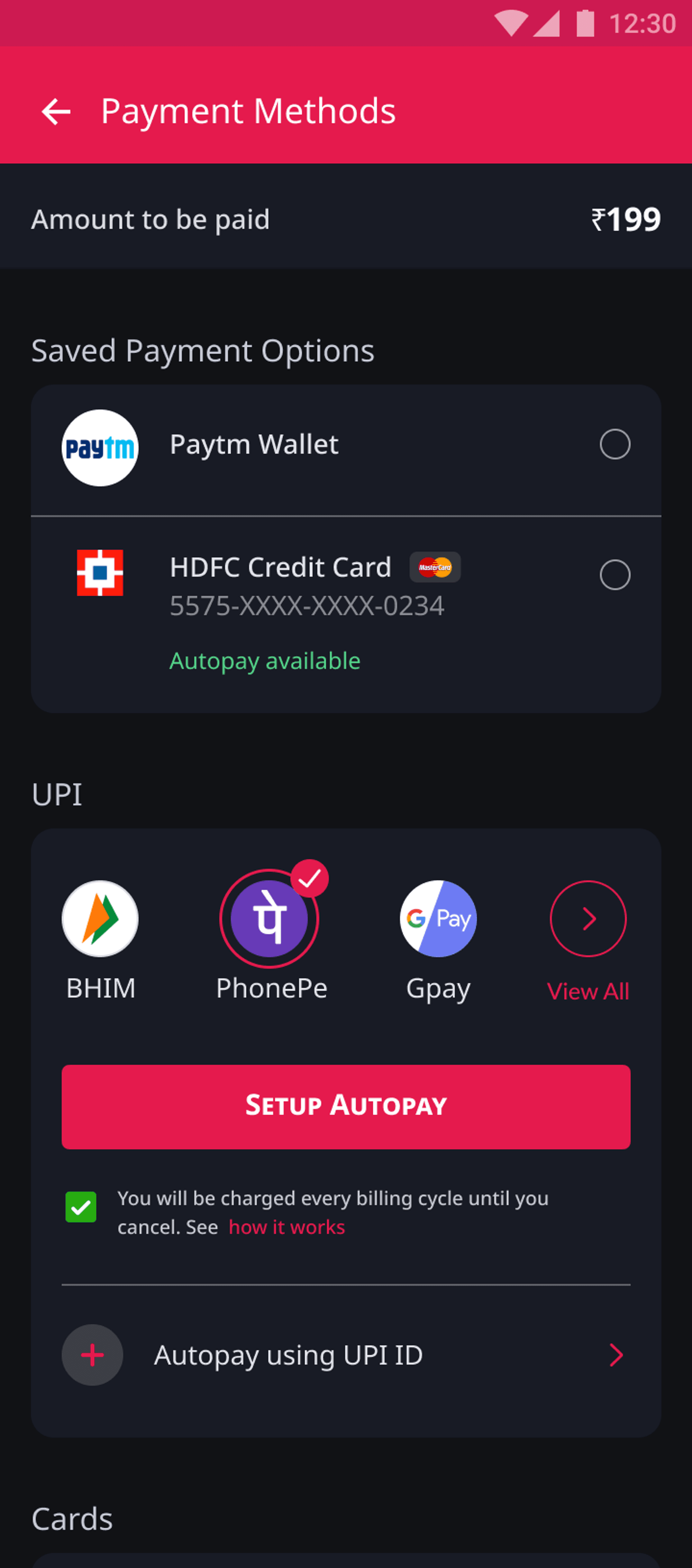 PocketFM's payment page design focussing on UPI