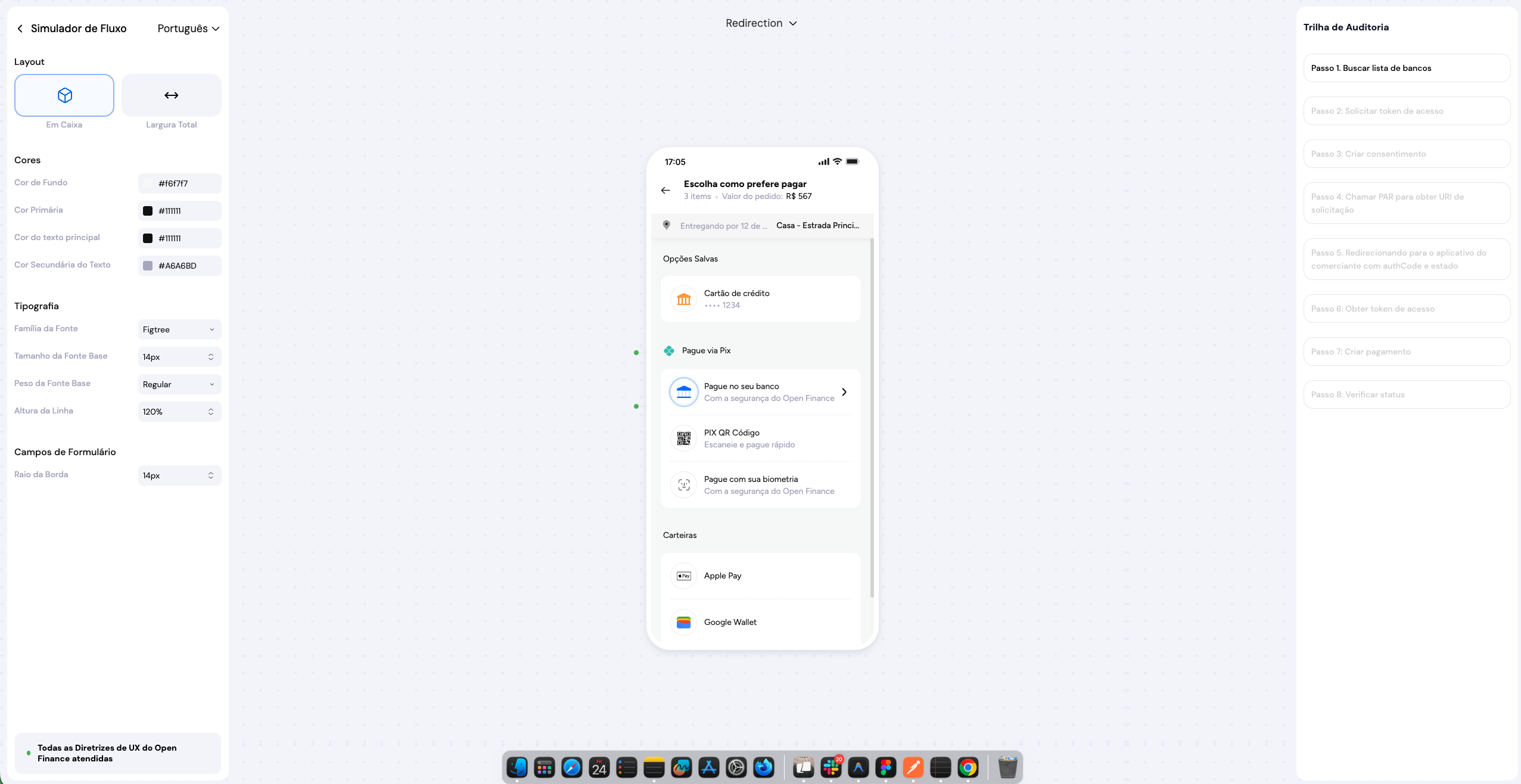 Simulador do Open Finance Playground: controles customizáveis, visualização mobile e trilha de auditoria passo a passo